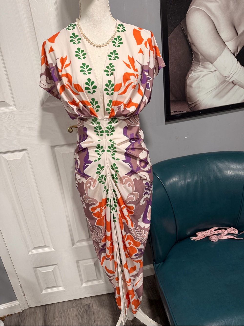 Bold Floral Print Midi Dress in Cream, Orange & Purple